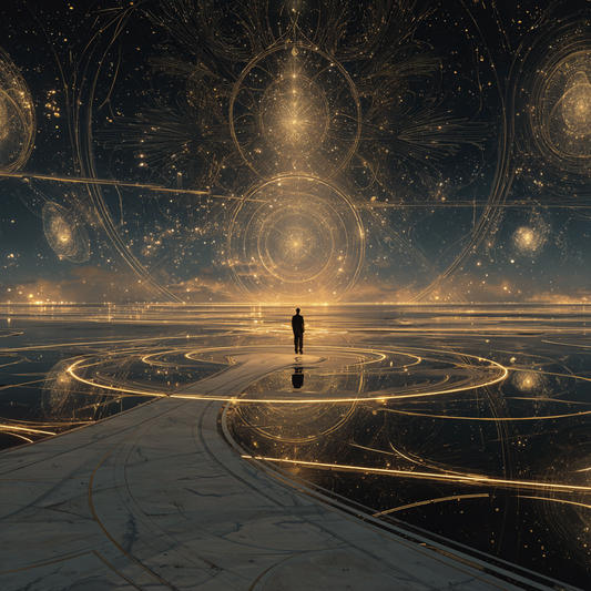 A lone figure stands at a cosmic crossroads surrounded by radiant sacred geometry and celestial light, symbolizing spiritual confusion and the search for divine purpose.