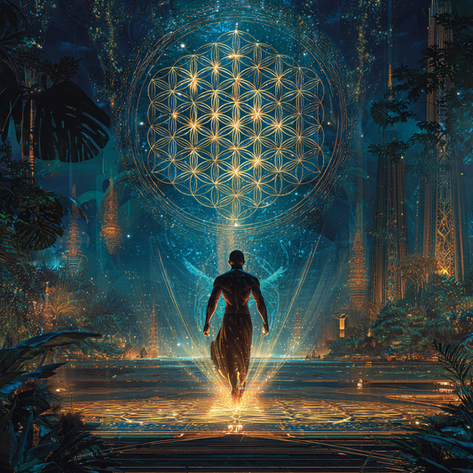 A glowing soul walks through a luminous Flower of Life portal, guided by ancestral symbols and cosmic light, representing the journey to discover one’s divine mission.