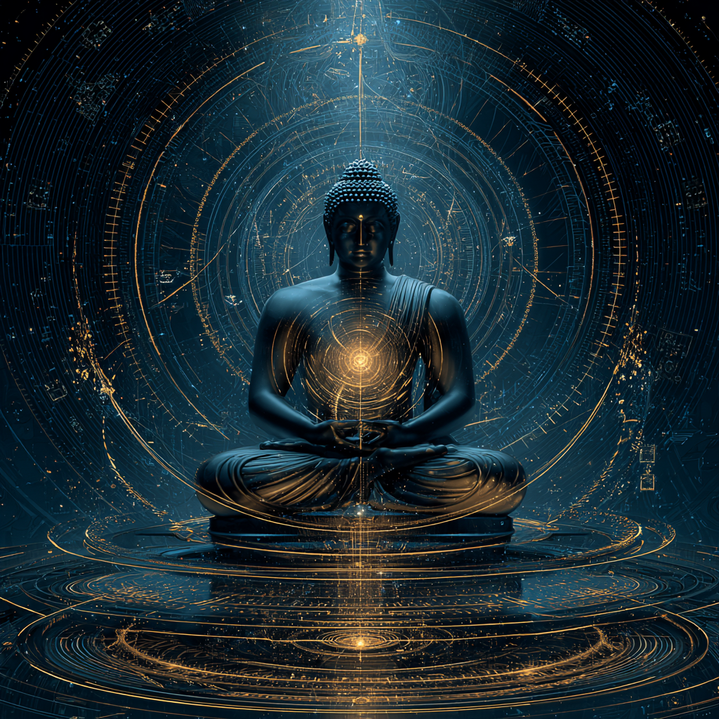 A divine being meditates in stillness with a glowing third eye, surrounded by spirals and golden light patterns, embodying intuitive clarity and inner alignment.
