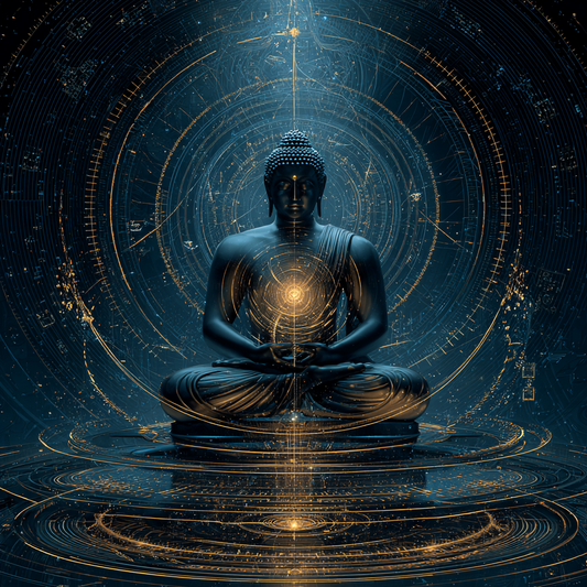 A divine being meditates in stillness with a glowing third eye, surrounded by spirals and golden light patterns, embodying intuitive clarity and inner alignment.