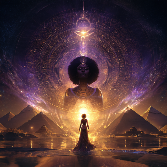 A spiritual figure awakens in a cocoon of violet light, rising with kundalini energy under a sky of sacred symbols, signifying spiritual rebirth and higher awareness.