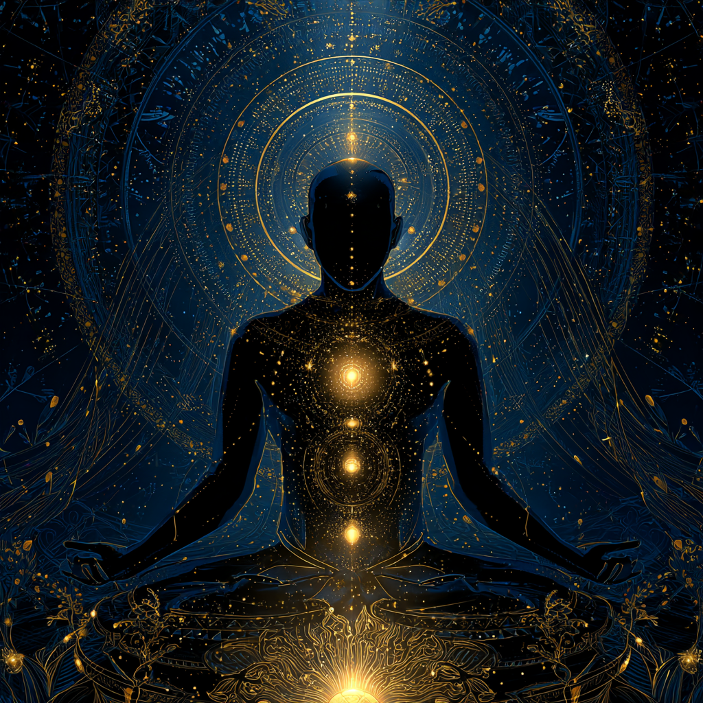 A human form radiates in three distinct glowing layers — mind, body, and soul — connected by golden threads of sacred geometry under a celestial backdrop.