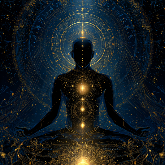 A human form radiates in three distinct glowing layers — mind, body, and soul — connected by golden threads of sacred geometry under a celestial backdrop.