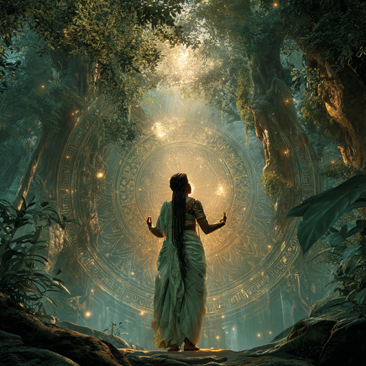 A mystical figure stands barefoot in a vibrant forest, surrounded by soft sunlight and sacred geometry patterns, radiating peaceful energy and divine connection with nature — symbolizing spiritual grounding and holistic healing.