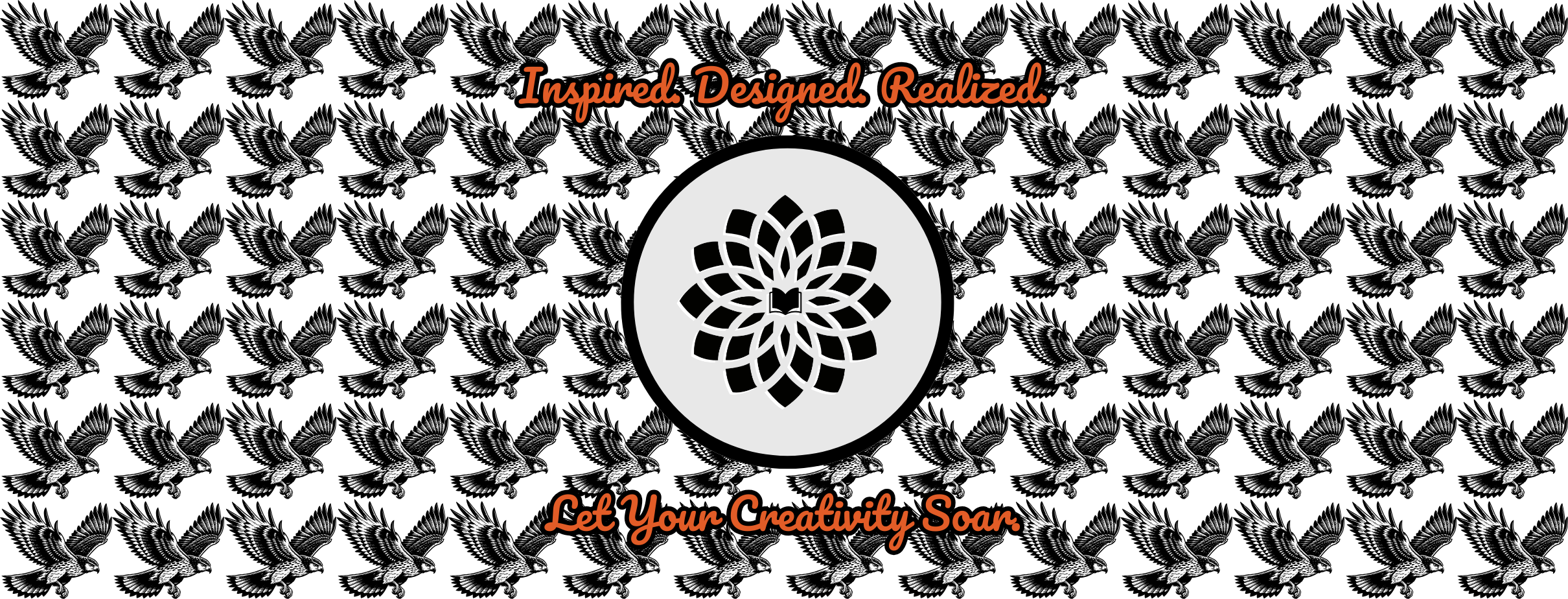 Universoul Publishing homepage banner featuring flying hawks, a Flower of Life symbol with the Book of Life at the center, and the phrases 'Inspired. Designed. Realized.' and 'Let Your Creativity Soar.' in orange text.