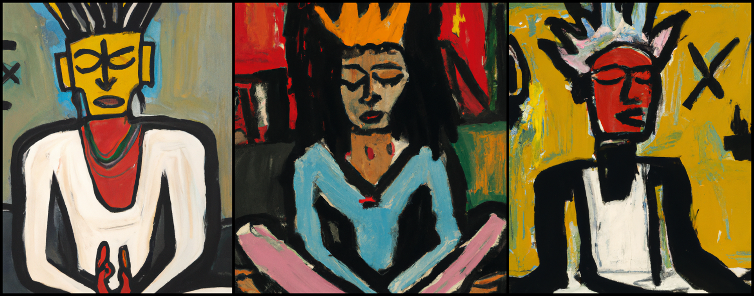 'Know Thyself' artwork by Blair McLendon features three abstract, Basquiat-inspired figures in meditation poses, bold colors and expressive brushwork on a white background.