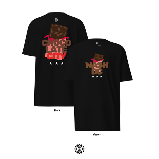 Black t-shirt with 'Chocolate City' graphic on front and back, displayed on a white background.